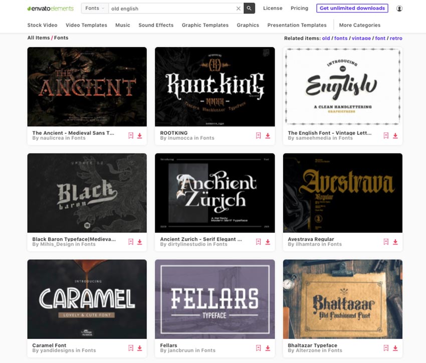Get unlimited decorative old english fonts from Envato Elements
